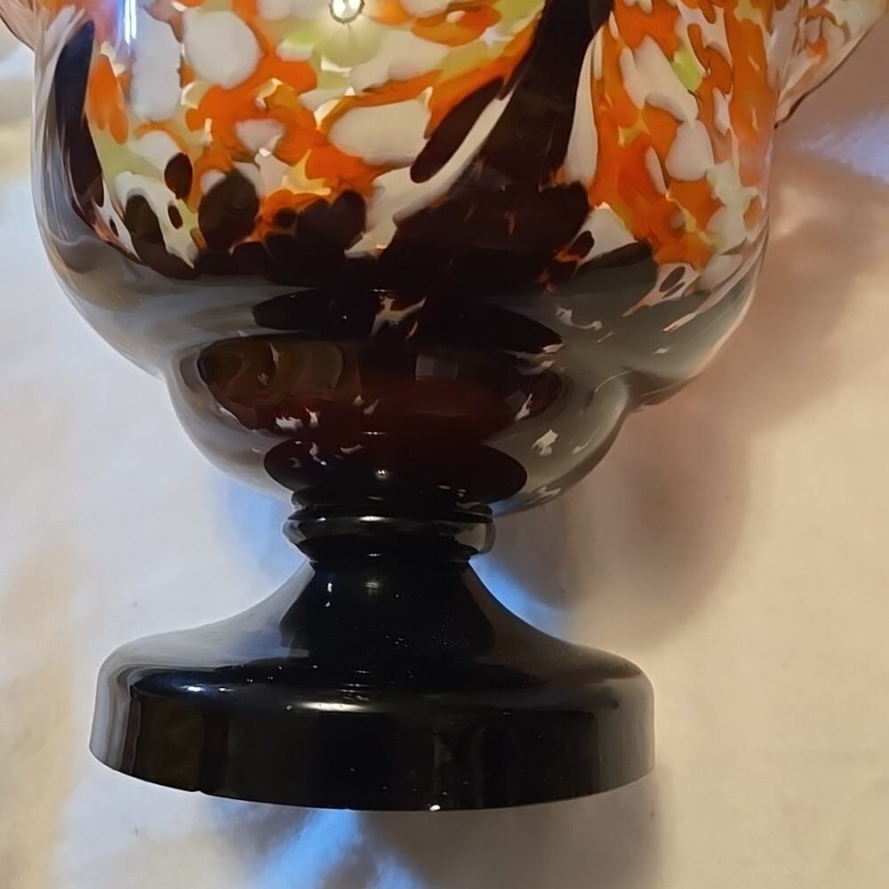 Art Glass Fluted Pedestal Bowl Orange, Black And White - Picture 2 of 7